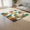 Handmade Wool Area Rug | Green Brown Geometric, Mid Century Modern