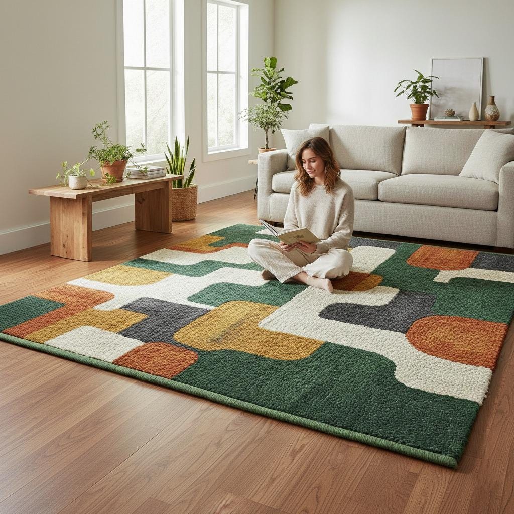 Handmade Wool Area Rug | Green Brown Geometric, Mid Century Modern