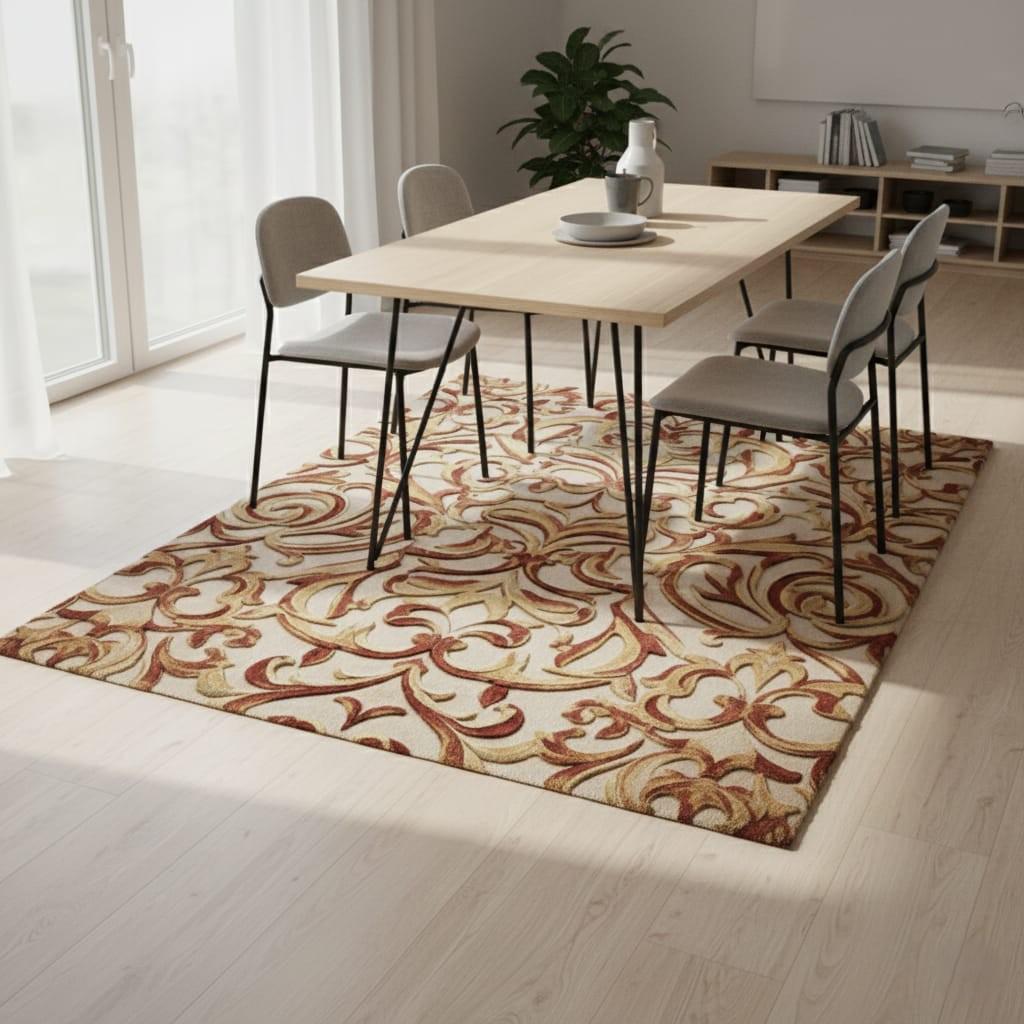 Hand-Tufted Wool Area Rug – Scrolled Damask, Gold & Terracotta