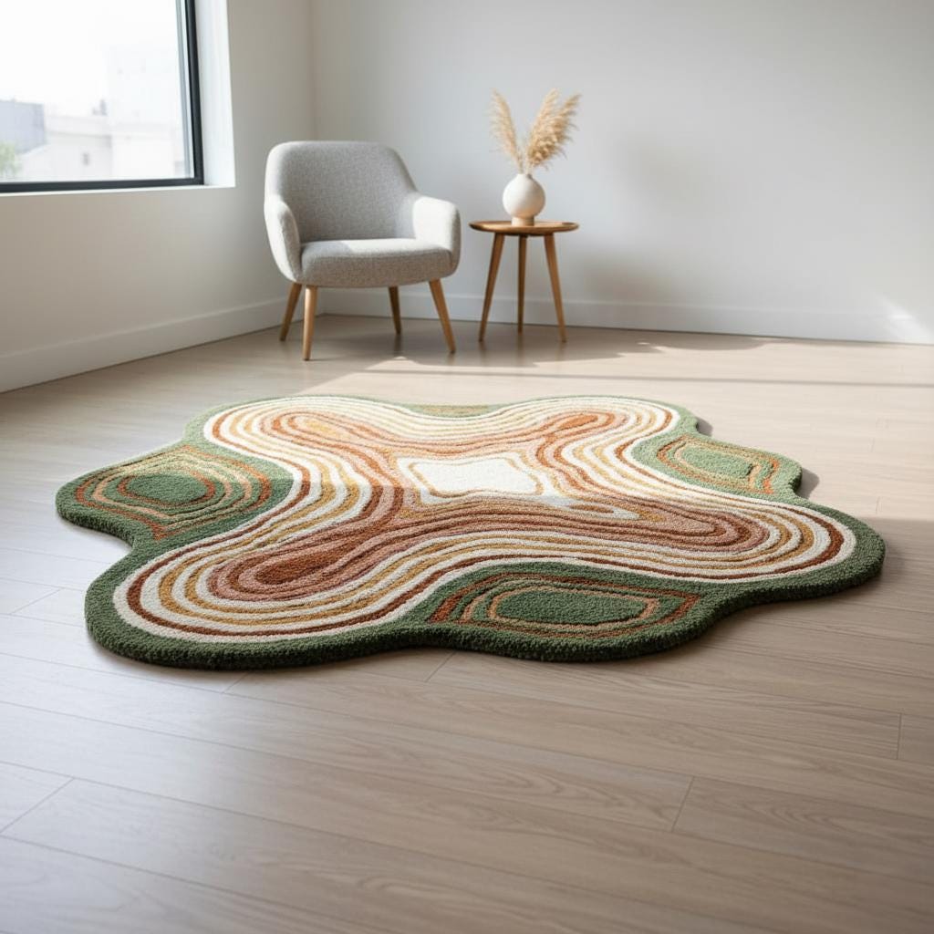 Hand-Tufted Moss Green Wool Rug – Scalloped Topographic Design