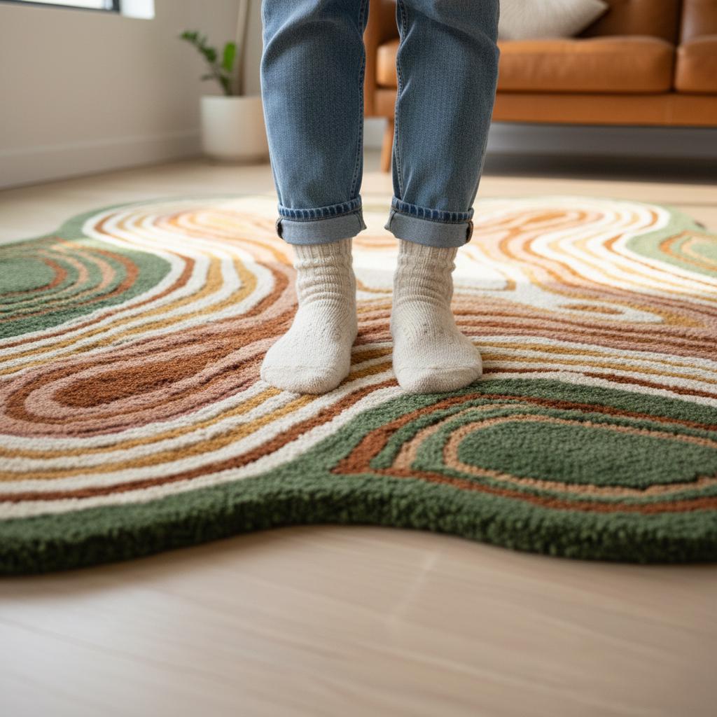 Hand-Tufted Moss Green Wool Rug – Scalloped Topographic Design