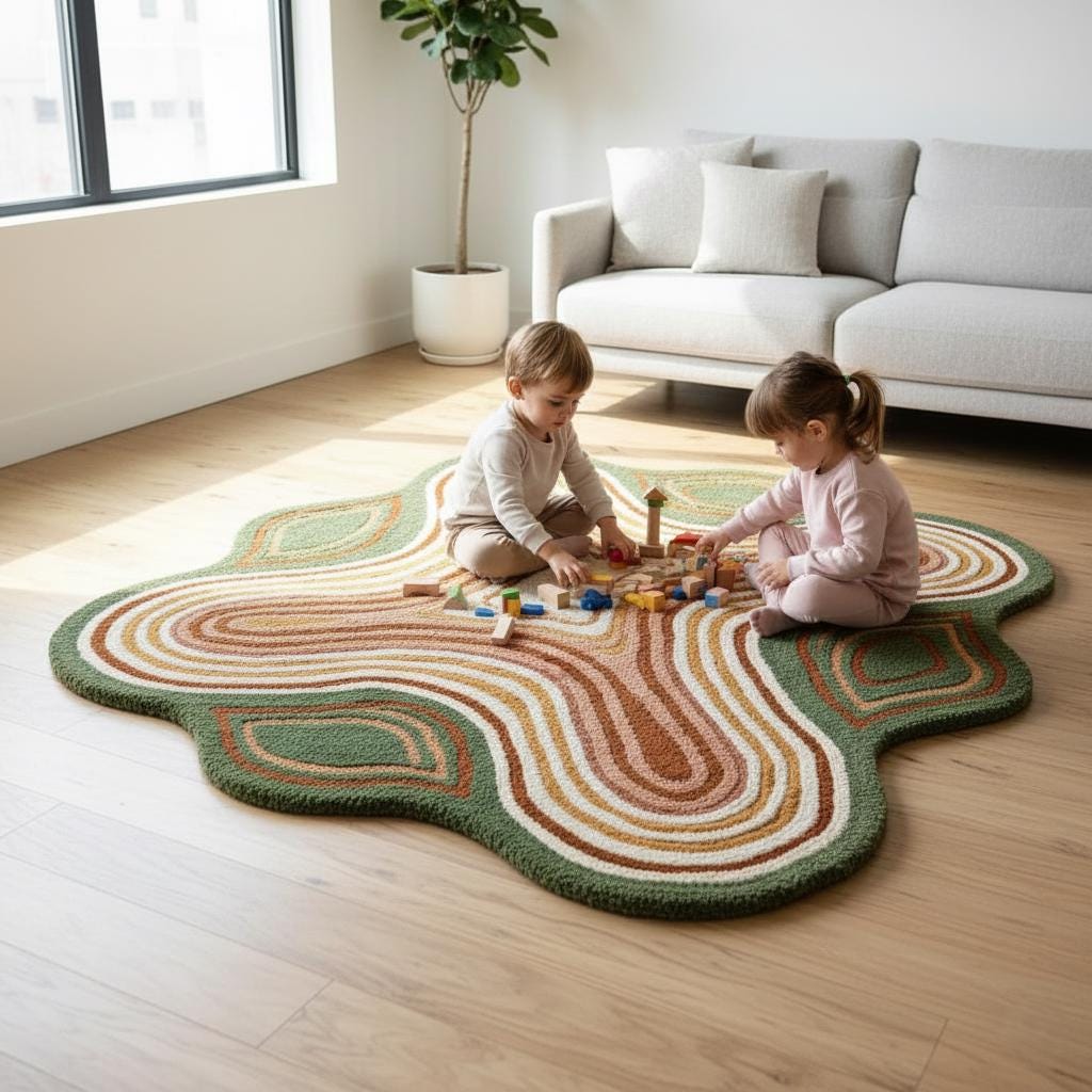 Hand-Tufted Moss Green Wool Rug – Scalloped Topographic Design