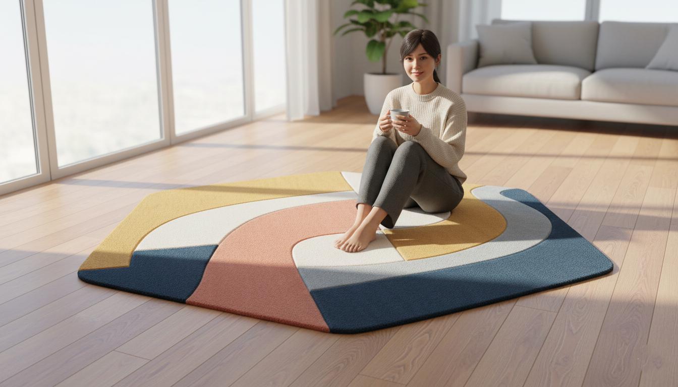 Handmade Tufted Abstract Rug | Hexagonal Geometric Carpet Size- 5x5 feet semi circle