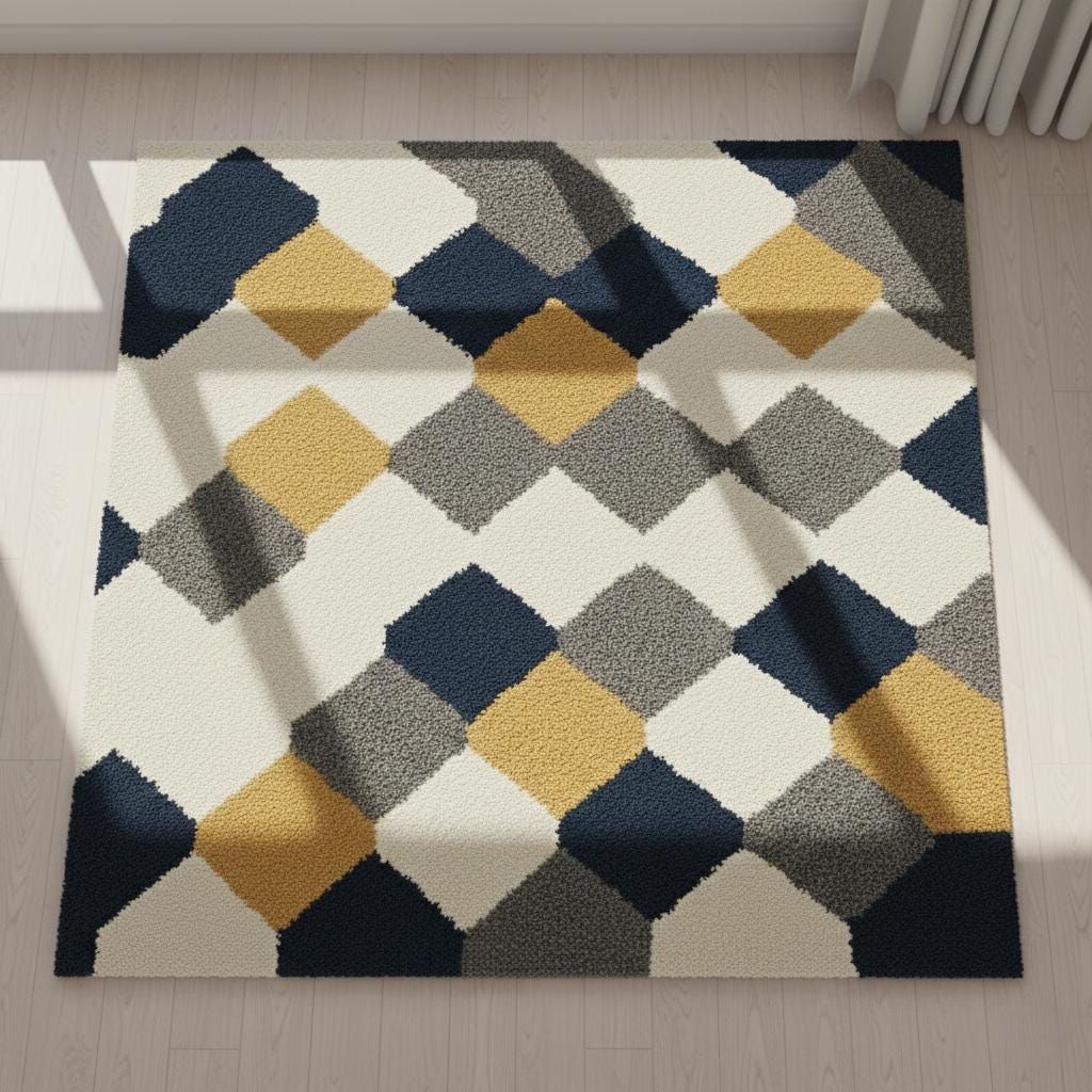 Modern Geometric Area Rug , Handmade Tufted Wool Rug , Navy Grey Mustard Diamond Pattern ,