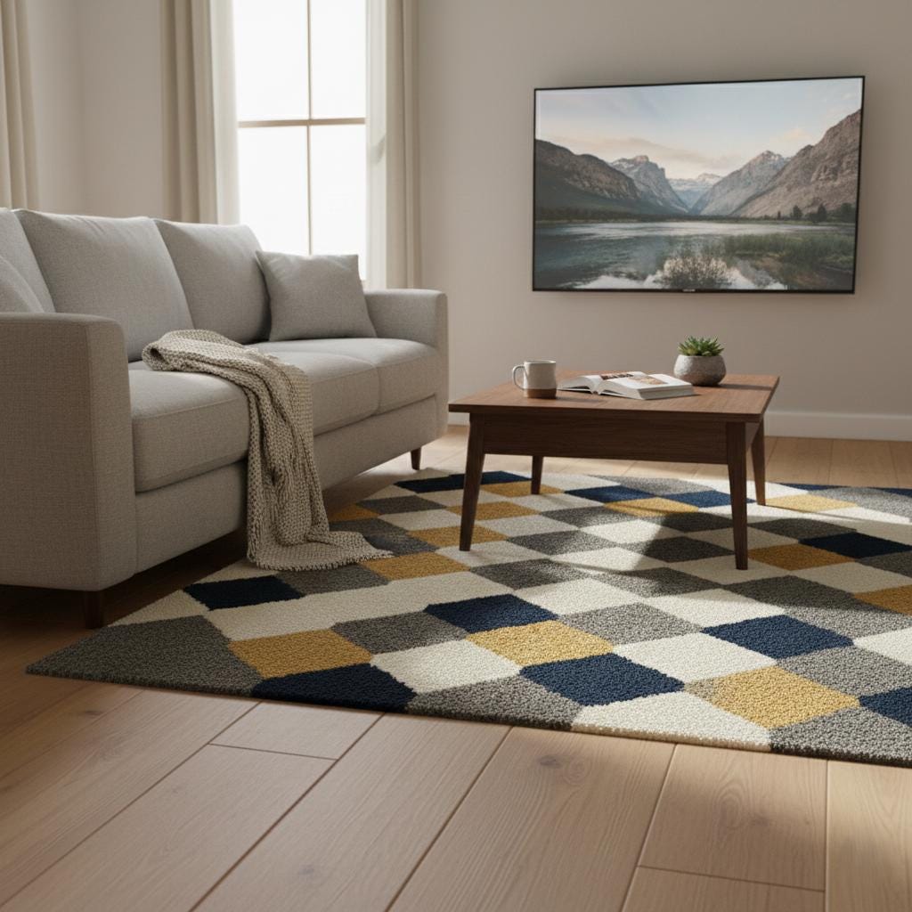 Modern Geometric Area Rug , Handmade Tufted Wool Rug , Navy Grey Mustard Diamond Pattern ,