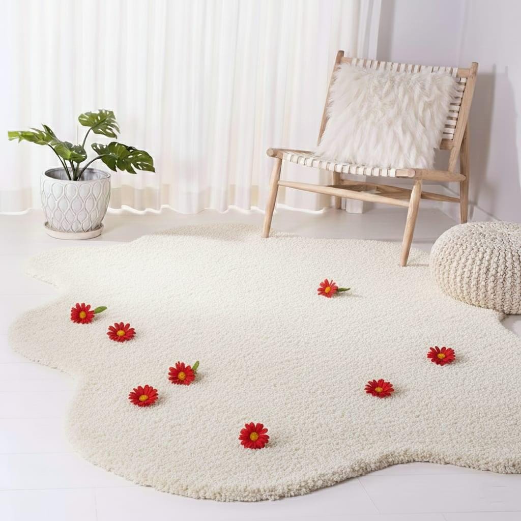 Handmade Ivory Wool Shag Rug, Abstract Organic Shape, Plush Carpet