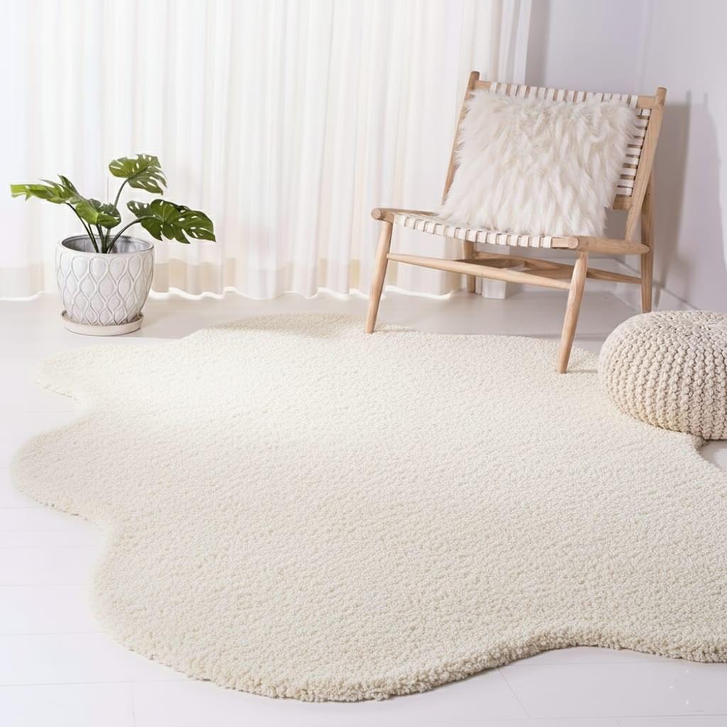 Handmade Ivory Wool Shag Rug, Abstract Organic Shape, Plush Carpet