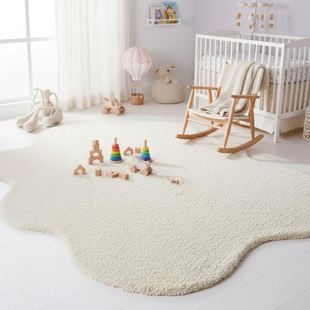 Handmade Ivory Wool Shag Rug, Abstract Organic Shape, Plush Carpet
