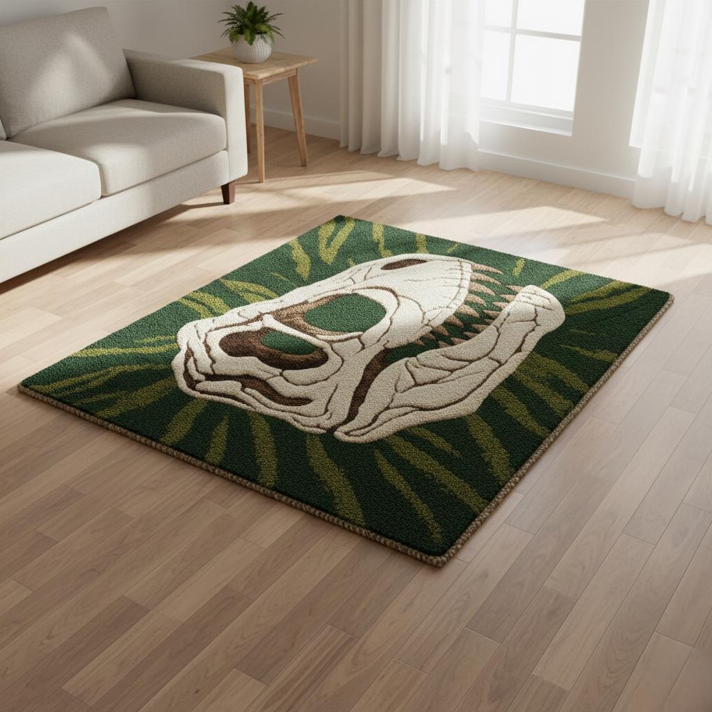 Dinosaur Skull Rug Jurassic Fossil Area Rug Handmade Tufted Statement Carpet Size 6x6 Feet .