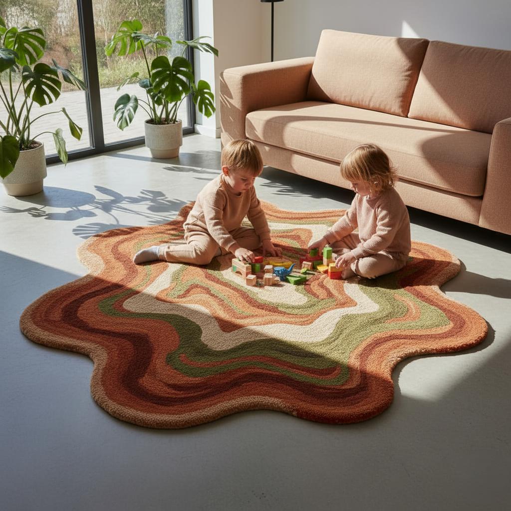 Handmade Tufted Wool Rug: Retro Wavy Abstract, Boho Decor