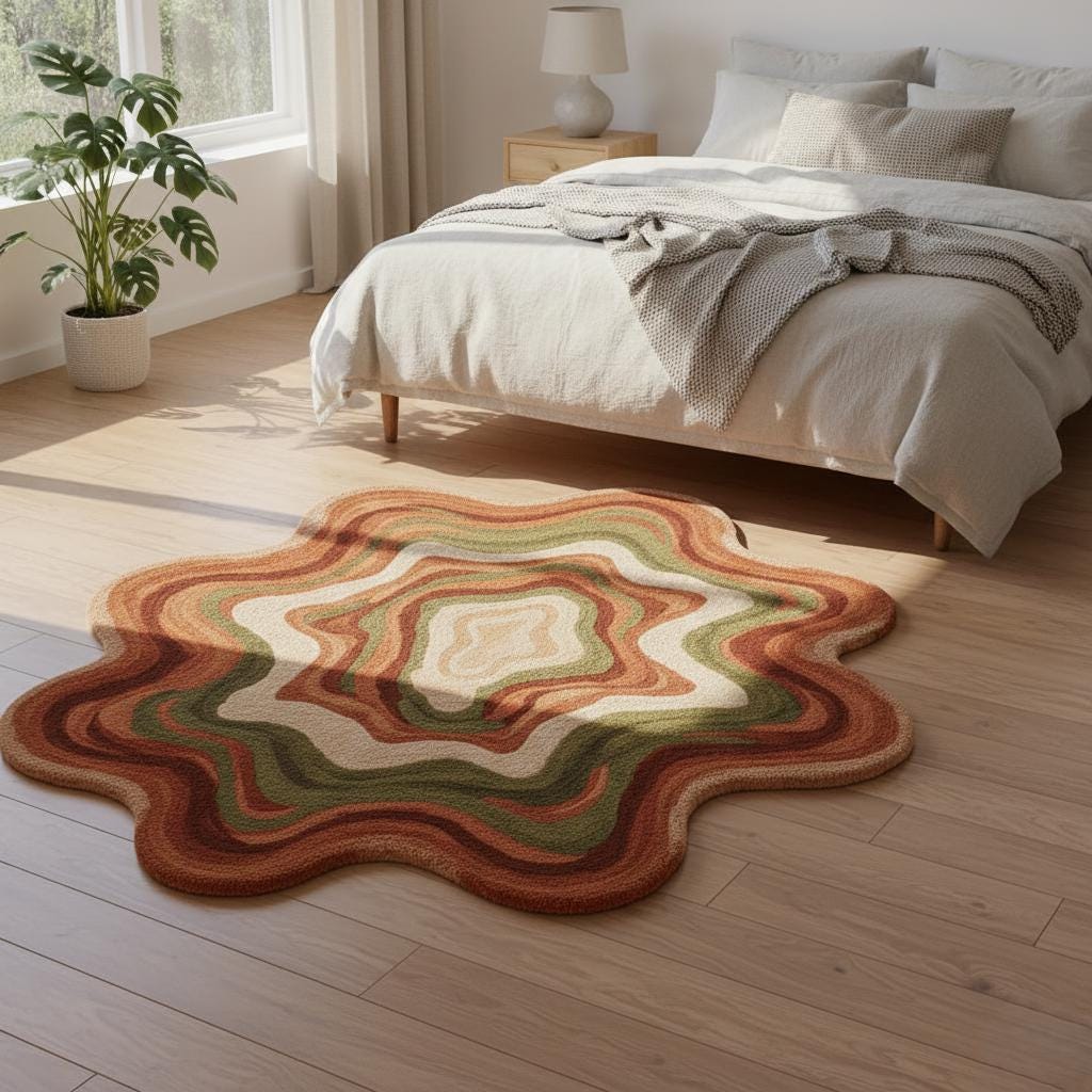 Handmade Tufted Wool Rug: Retro Wavy Abstract, Boho Decor