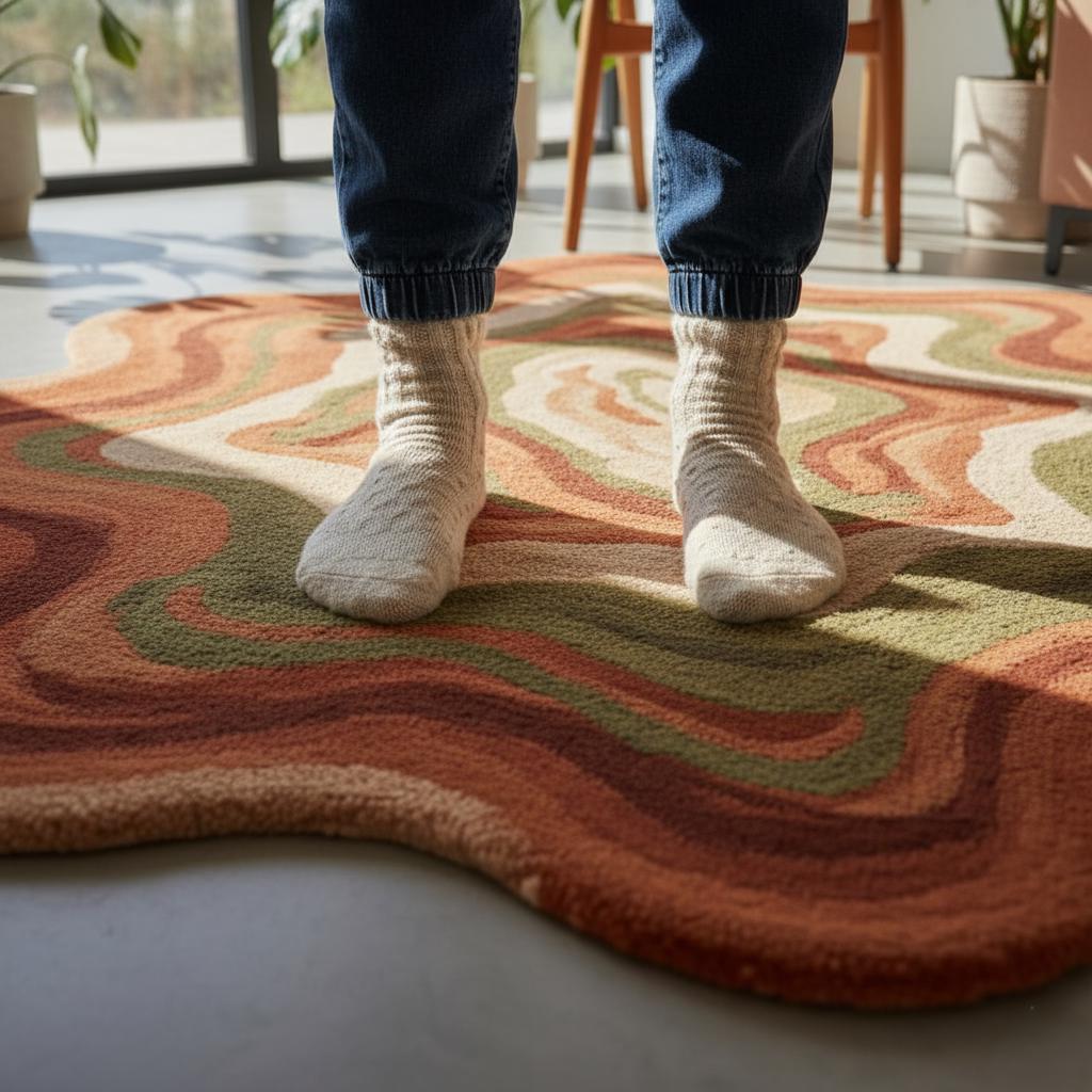 Handmade Tufted Wool Rug: Retro Wavy Abstract, Boho Decor
