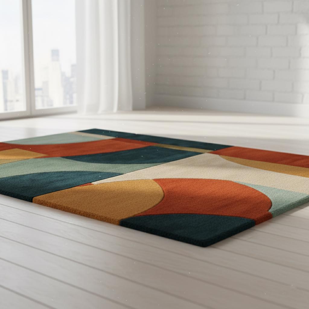 Handmade Mid-Century Modern Area Rug | Geometric Colorful Wool Carpet (6x9)