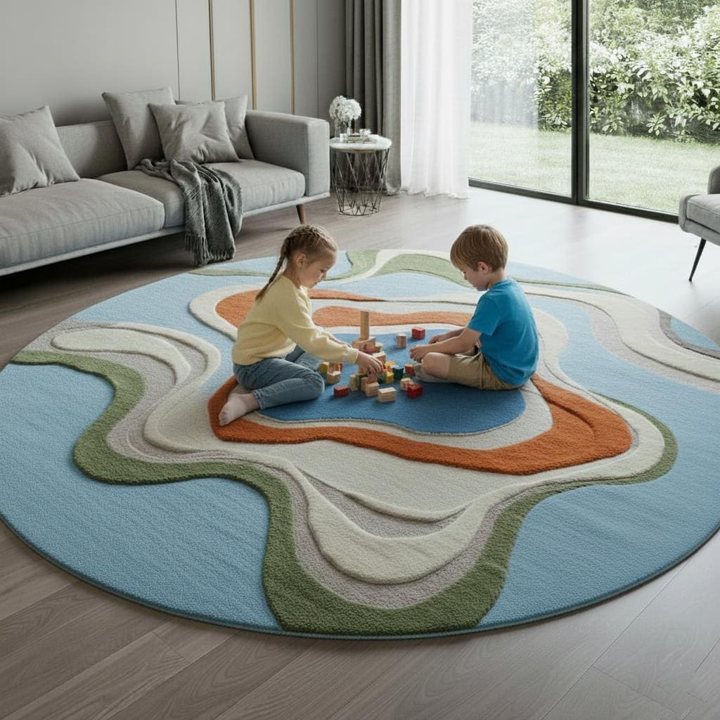 Handmade Round Tufted Rug, Modern Abstract Texture, Blue Neutral