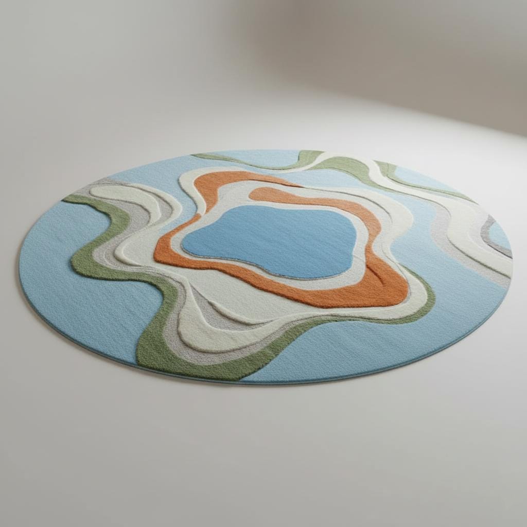 Handmade Round Tufted Rug, Modern Abstract Texture, Blue Neutral