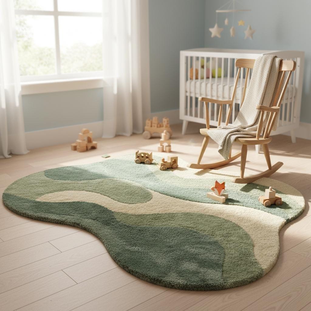 Handmade Tufted Area Rug, Sage Green Abstract Organic Shape