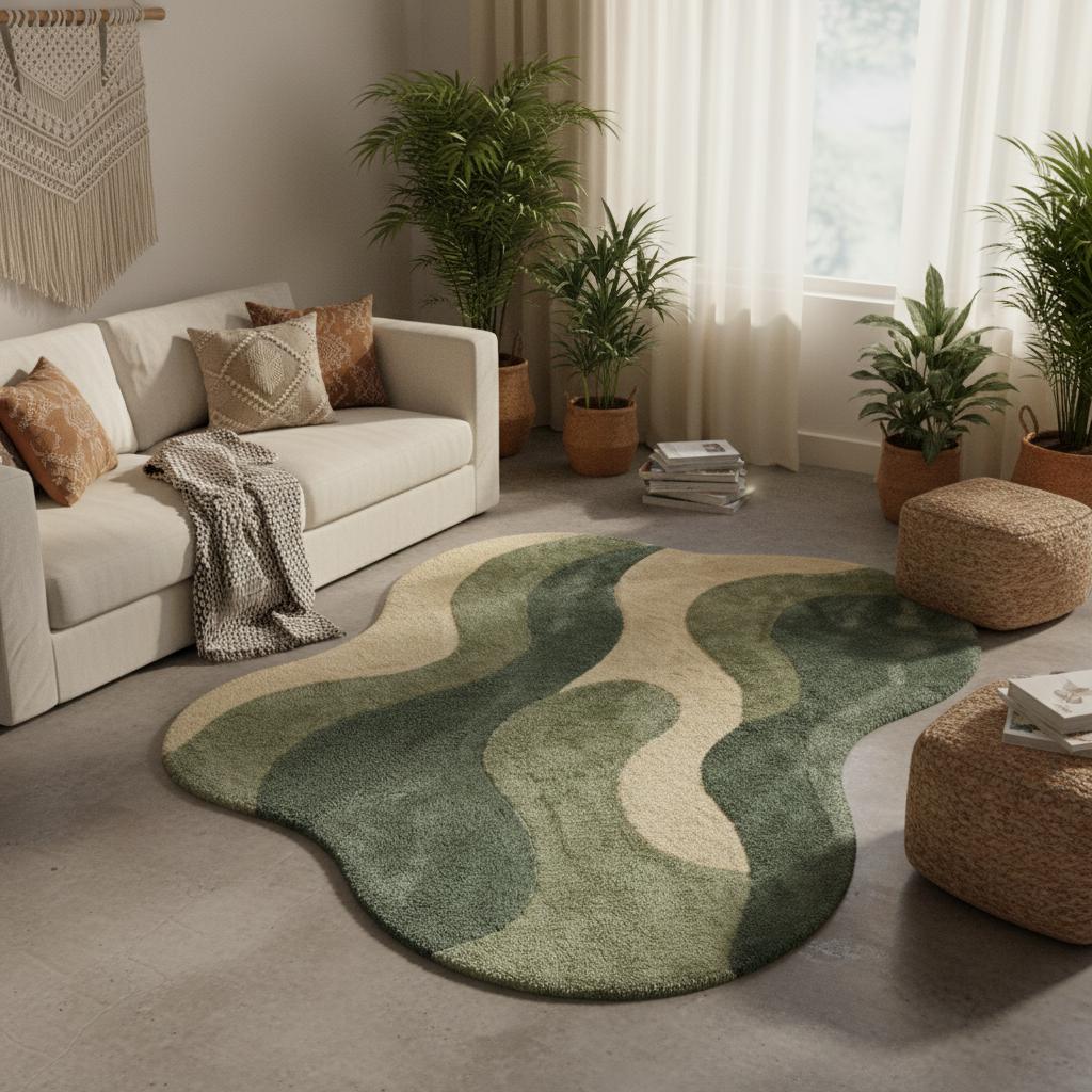 Handmade Tufted Area Rug, Sage Green Abstract Organic Shape