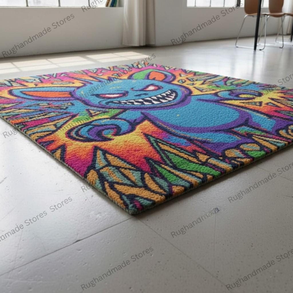 Handmade Tufted Wool Monster Rug, Psychedelic Cartoon Art