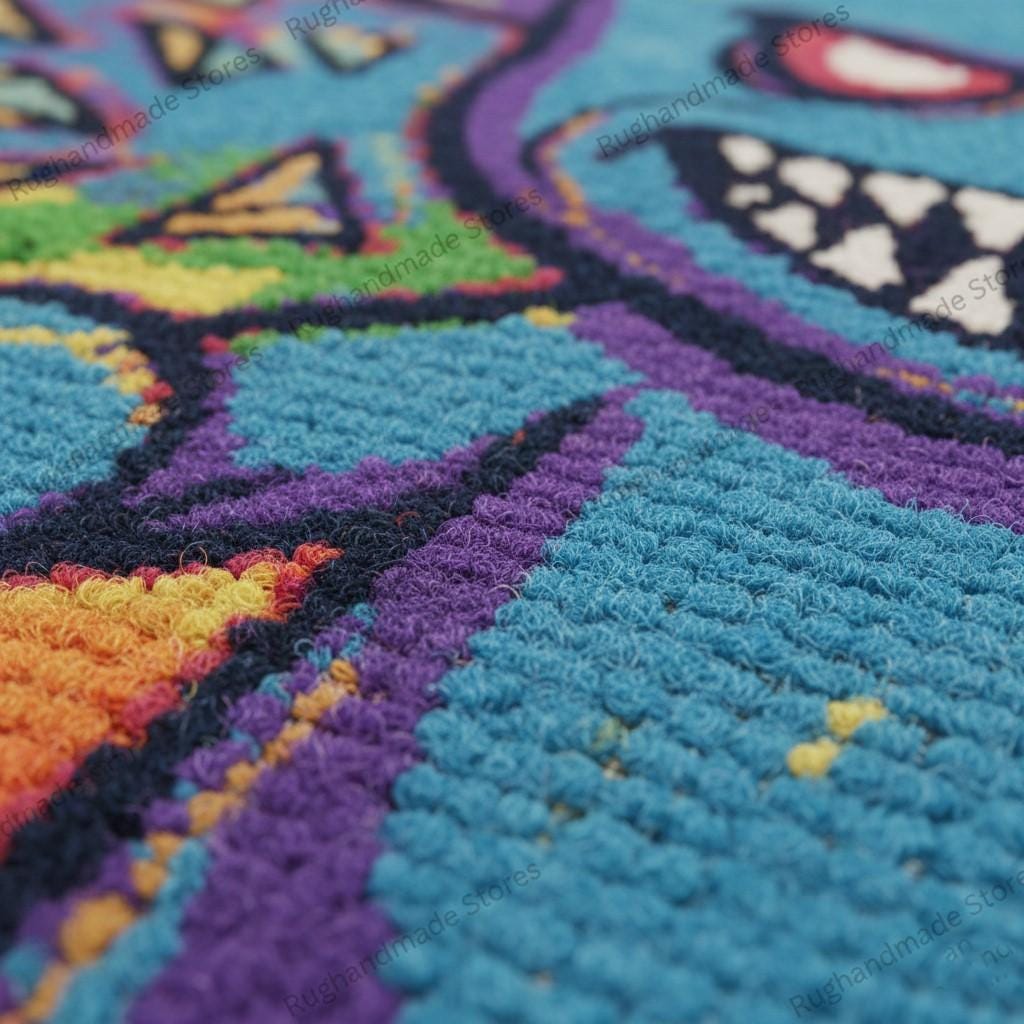 Handmade Tufted Wool Monster Rug, Psychedelic Cartoon Art