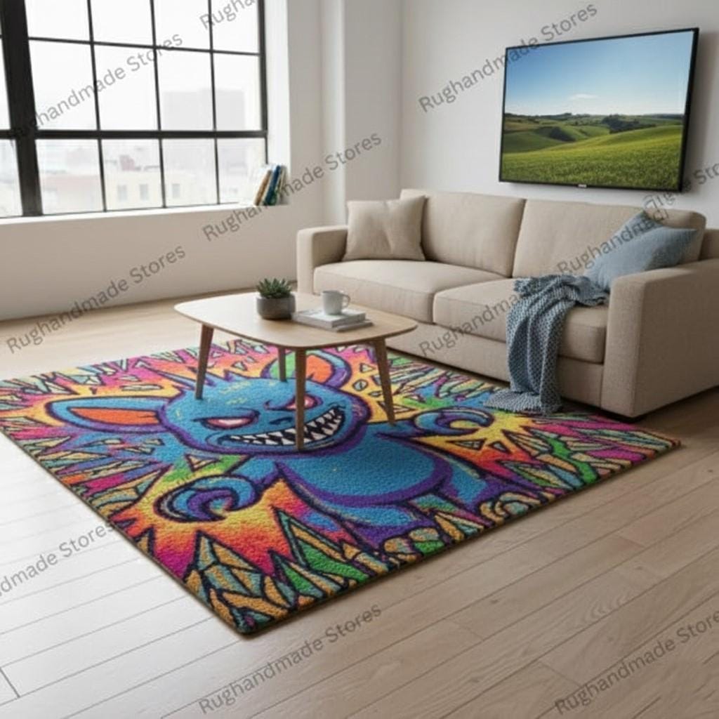 Handmade Tufted Wool Monster Rug, Psychedelic Cartoon Art