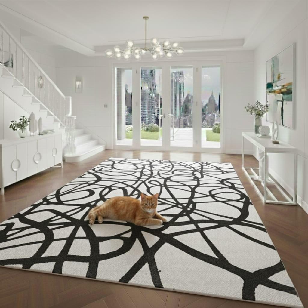 Abstract Black and White Wool Rug, Modern Line Art, Handmade Tufted