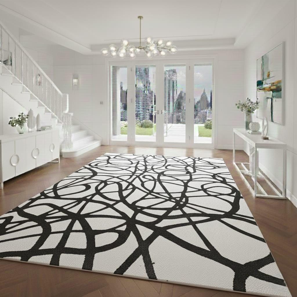 Abstract Black and White Wool Rug, Modern Line Art, Handmade Tufted