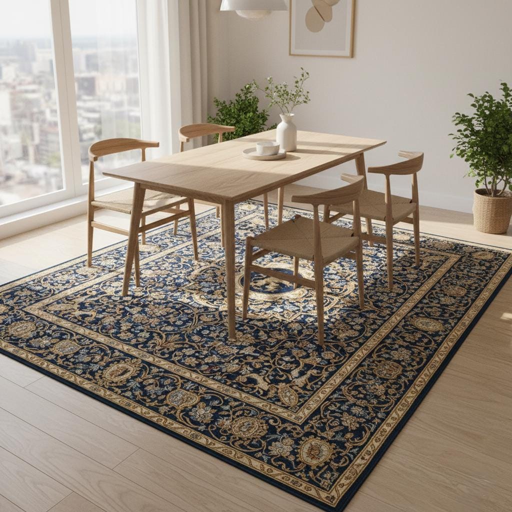 Handmade Royal Blue Persian Rug, Traditional European Style