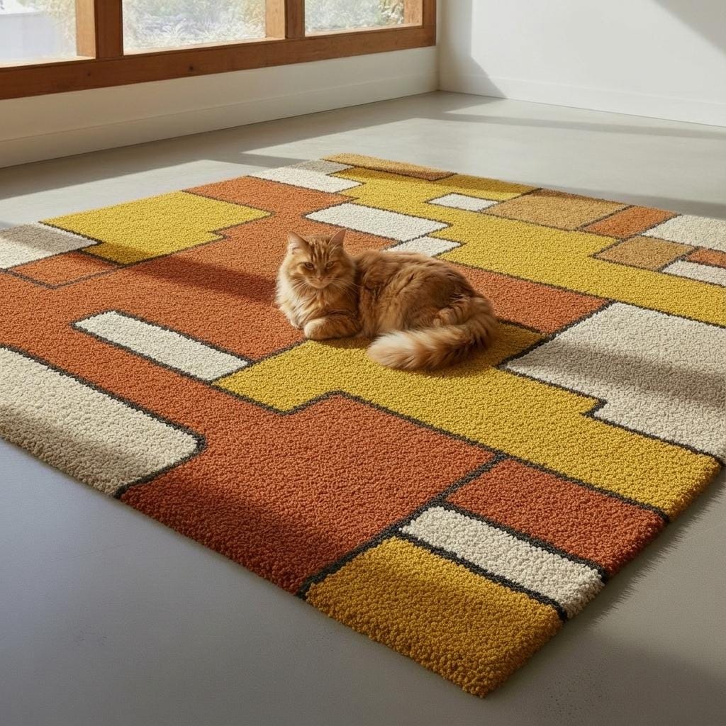 Handmade Tufted Area Rug, Mid Century Modern Geometric, Mustard Yellow Rust
