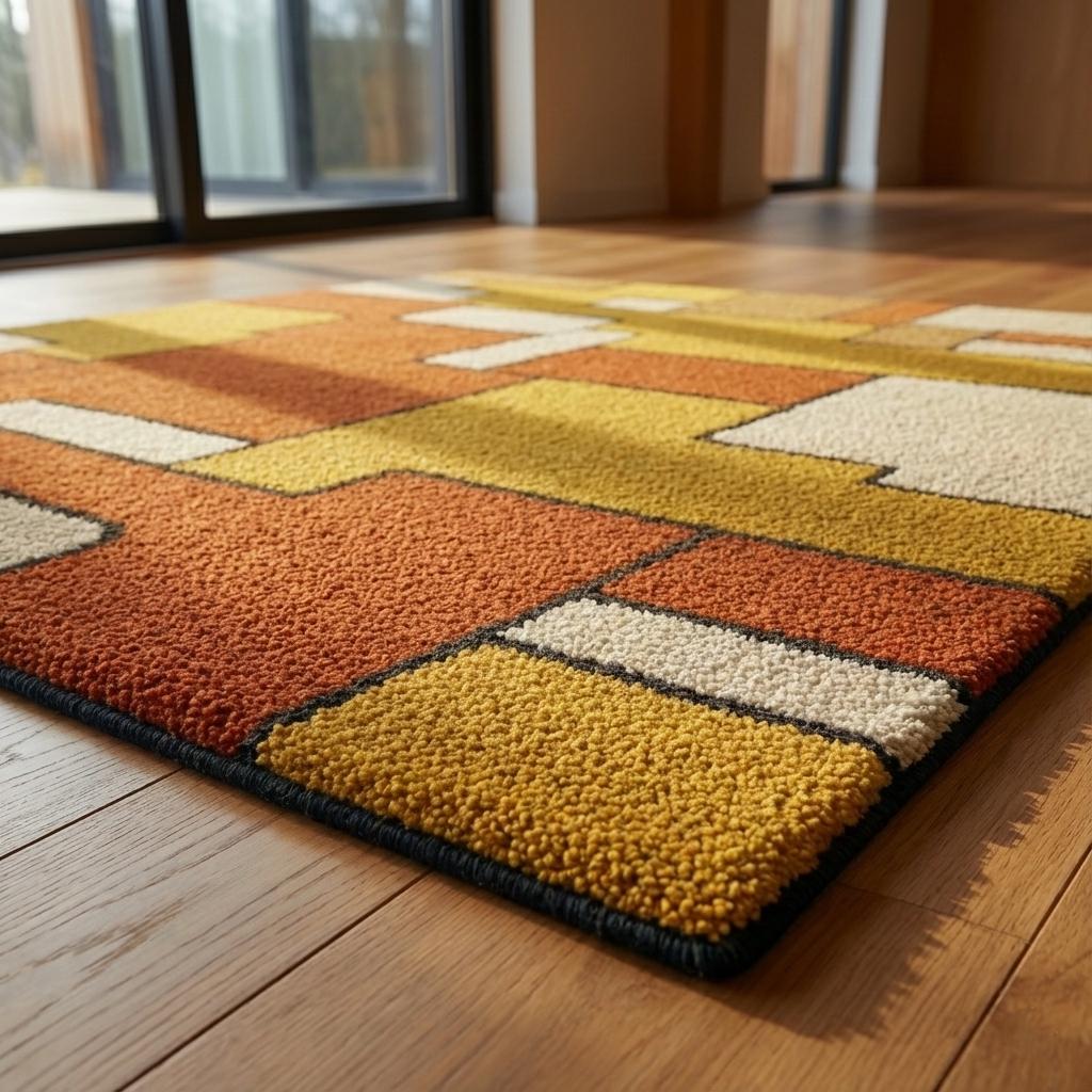Handmade Tufted Area Rug, Mid Century Modern Geometric, Mustard Yellow Rust