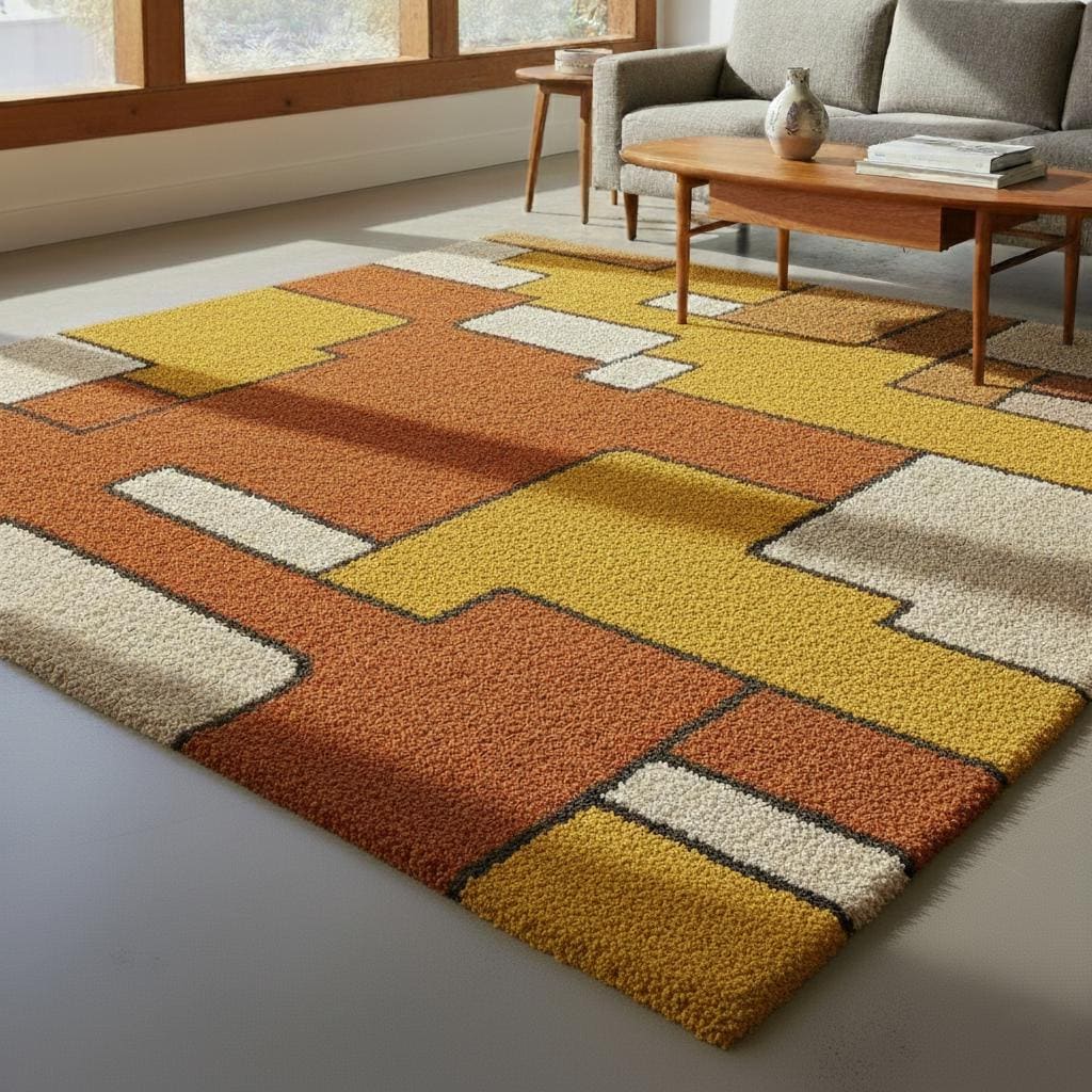 Handmade Tufted Area Rug, Mid Century Modern Geometric, Mustard Yellow Rust