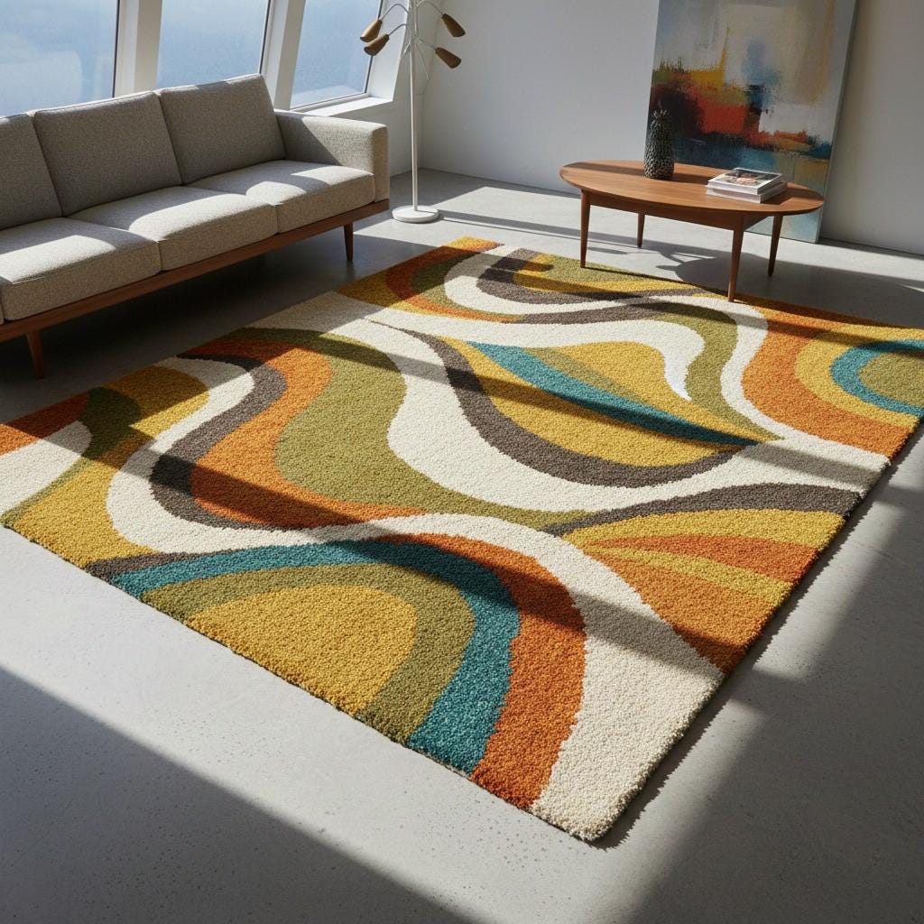 Handmade Abstract Wave Rug, Mid Century Modern Tufted Carpet