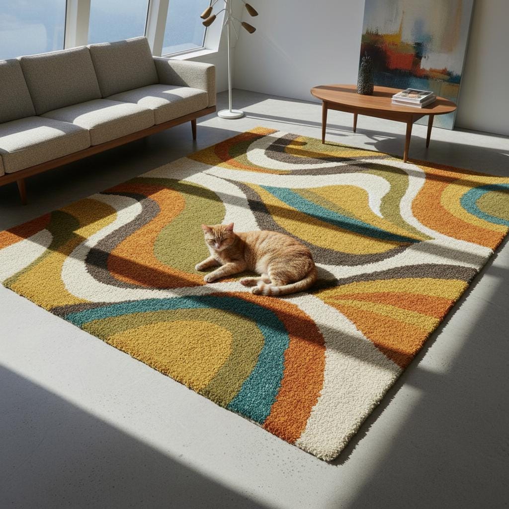 Handmade Abstract Wave Rug, Mid Century Modern Tufted Carpet