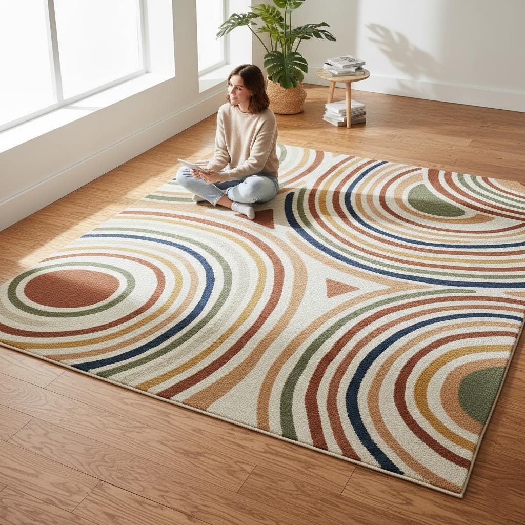 Handmade Wool Area Rug, Geometric Arc, Mid-Century Modern, 9x12
