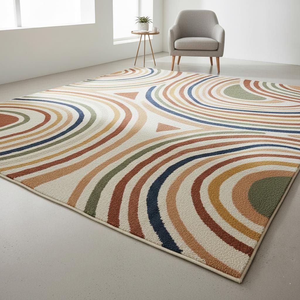 Handmade Wool Area Rug, Geometric Arc, Mid-Century Modern, 9x12