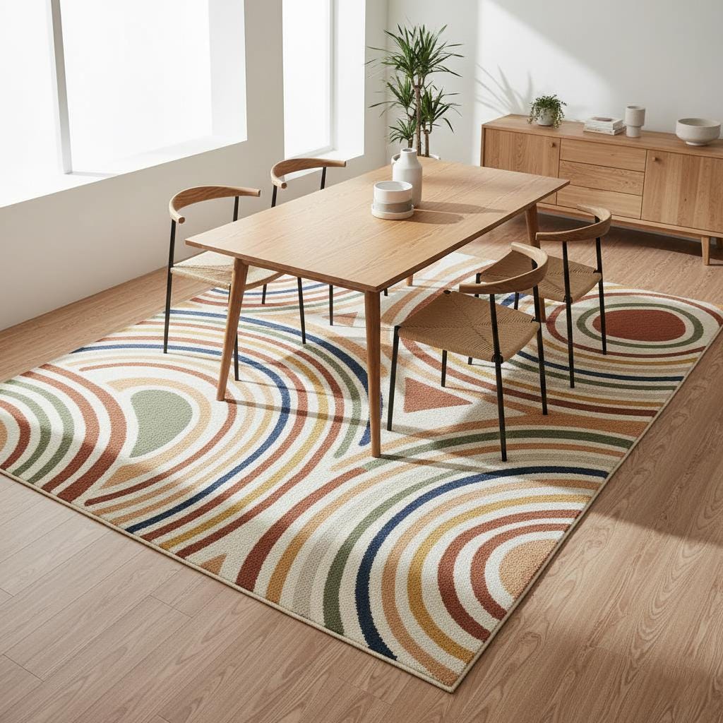 Handmade Wool Area Rug, Geometric Arc, Mid-Century Modern, 9x12