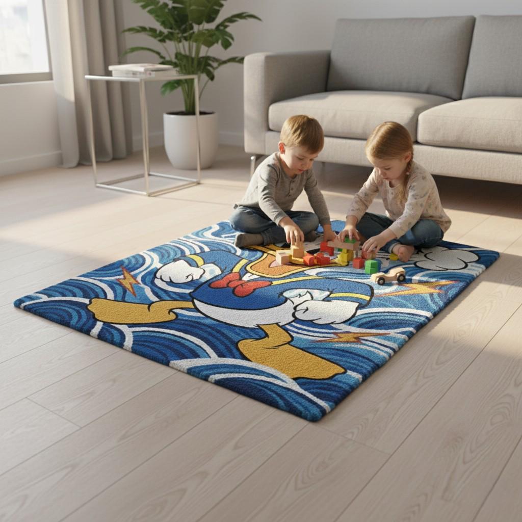 Handmade Wool Cartoon Rug, Angry Duck, Blue Wave Nursery Decor