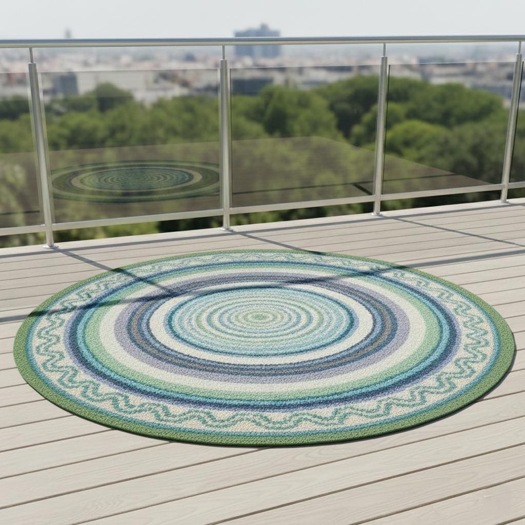 Handmade Coastal Outdoor Rug, Blue Green Patio Carpet, Round Terrace Decor