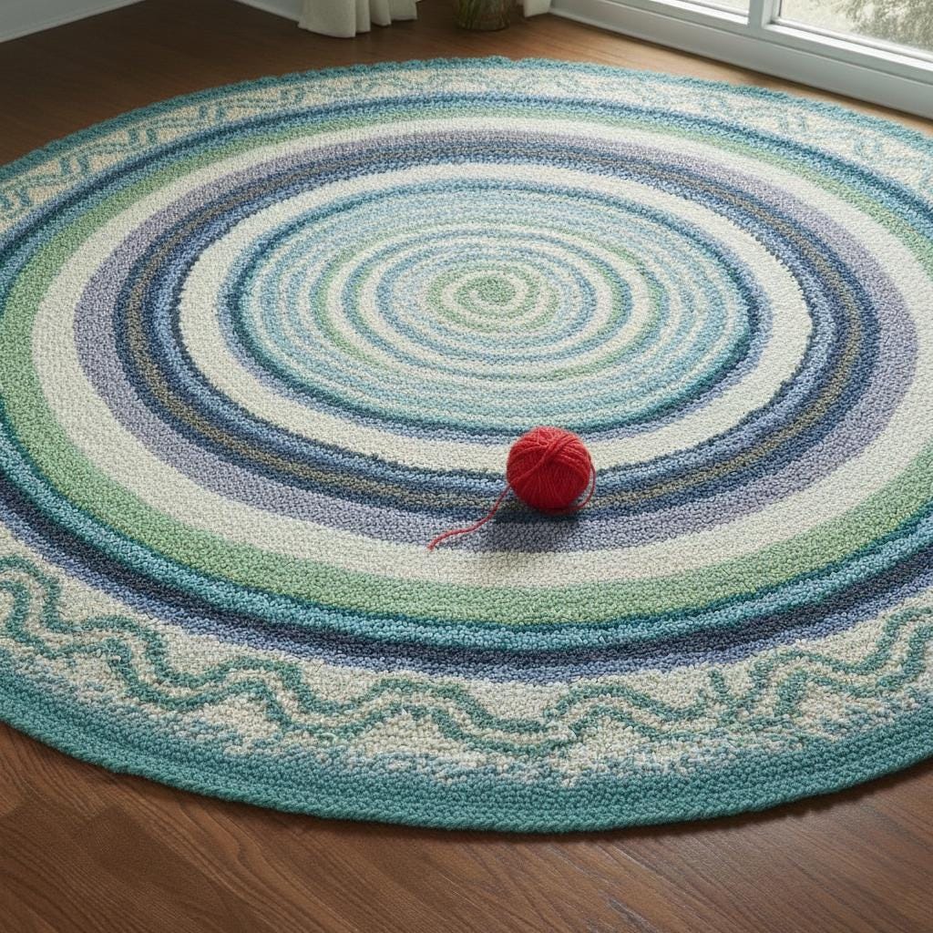 Handmade Coastal Outdoor Rug, Blue Green Patio Carpet, Round Terrace Decor