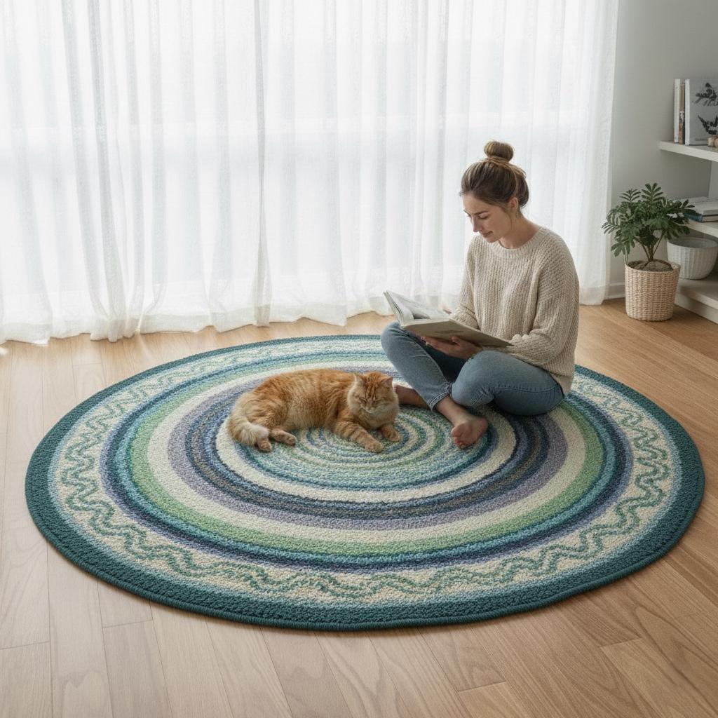 Handmade Coastal Outdoor Rug, Blue Green Patio Carpet, Round Terrace Decor