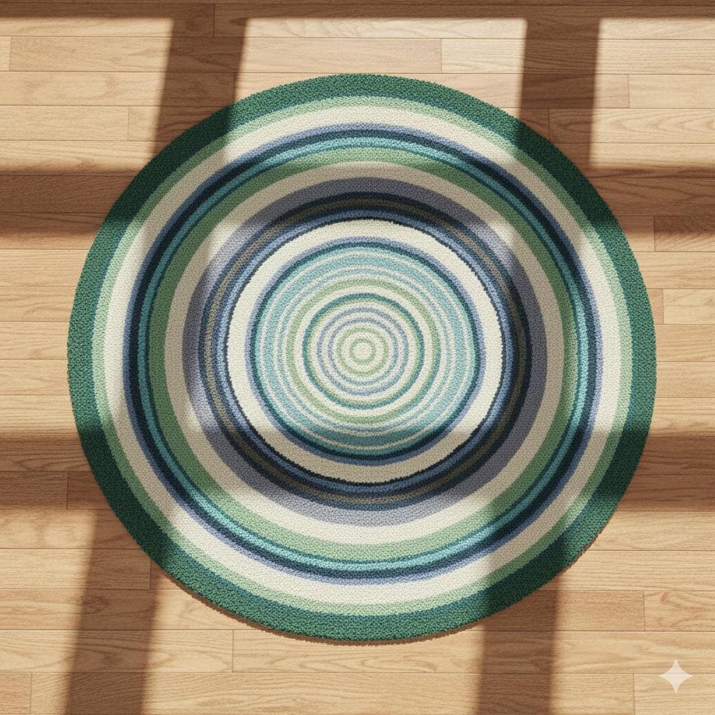 Handmade Coastal Outdoor Rug, Blue Green Patio Carpet, Round Terrace Decor