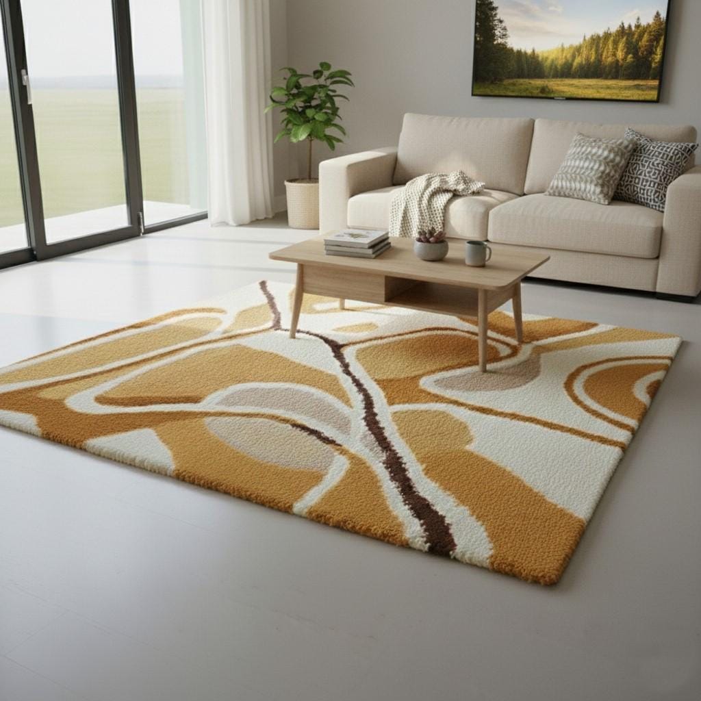 Mid Century Modern Area Rug – Terracotta Mustard Geometric, Earth Tones