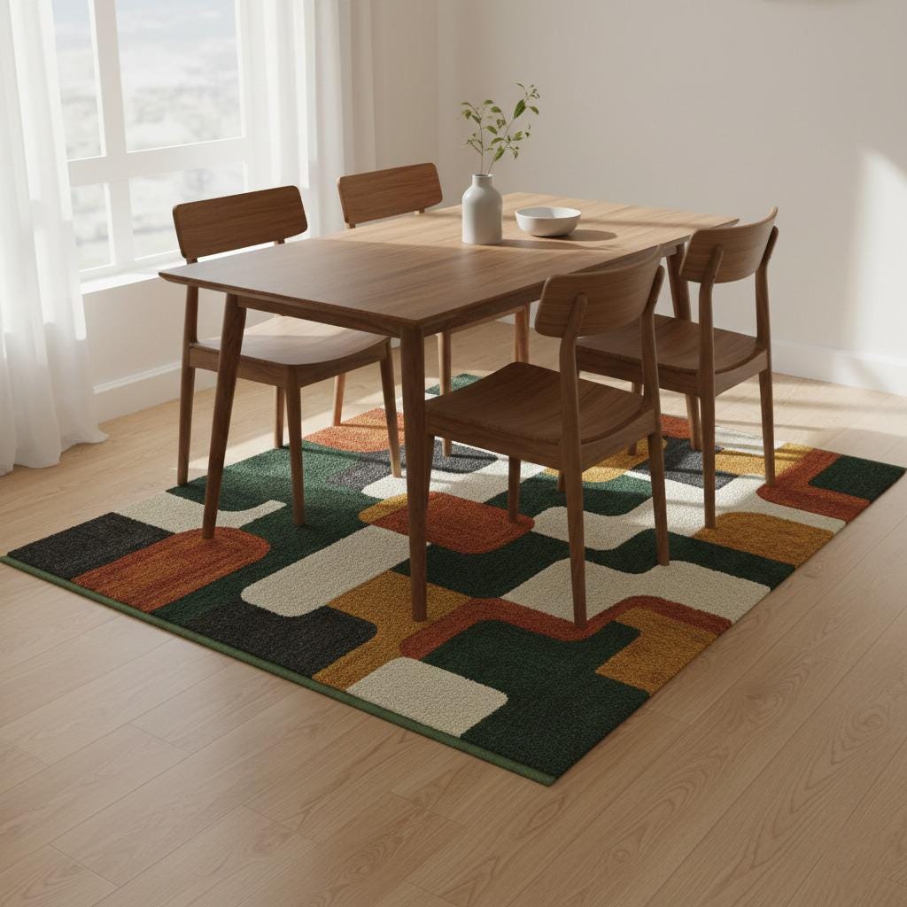 Handmade Wool Area Rug | Green Brown Geometric, Mid Century Modern