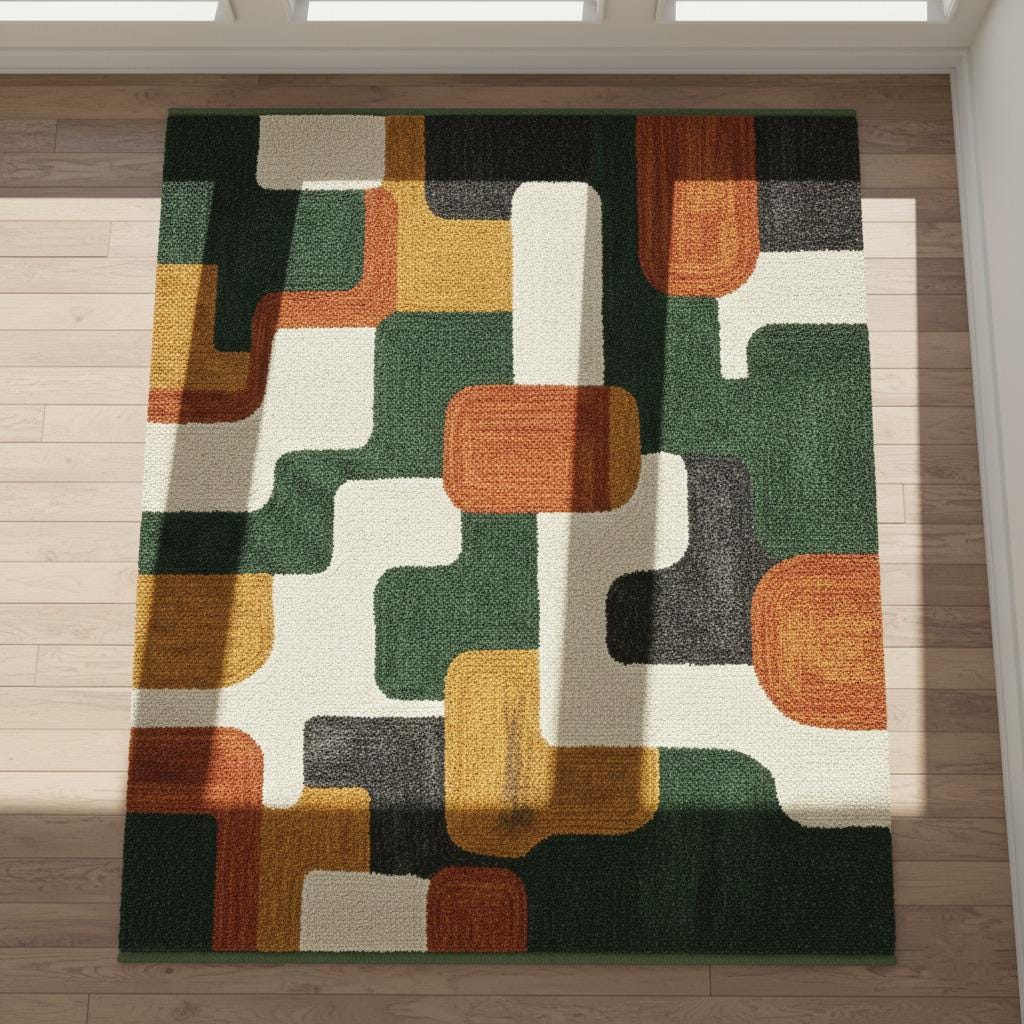 Handmade Wool Area Rug | Green Brown Geometric, Mid Century Modern