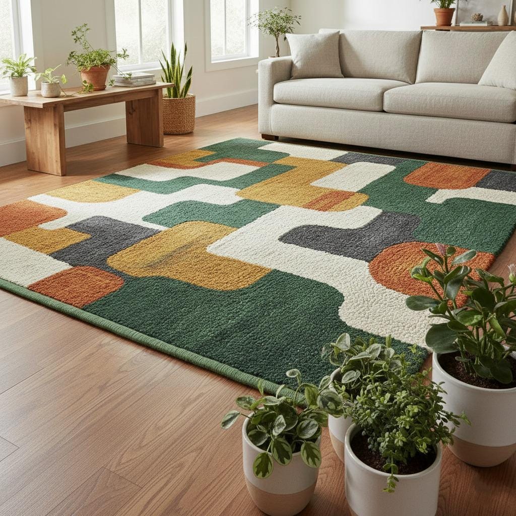 Handmade Wool Area Rug | Green Brown Geometric, Mid Century Modern