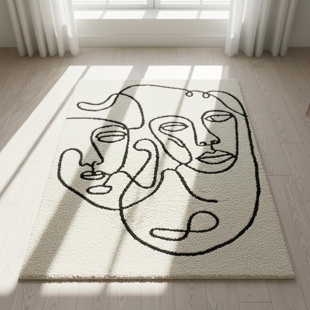 Handmade Wool Tufted Rug – Abstract Face Line Art, Nordic Decor