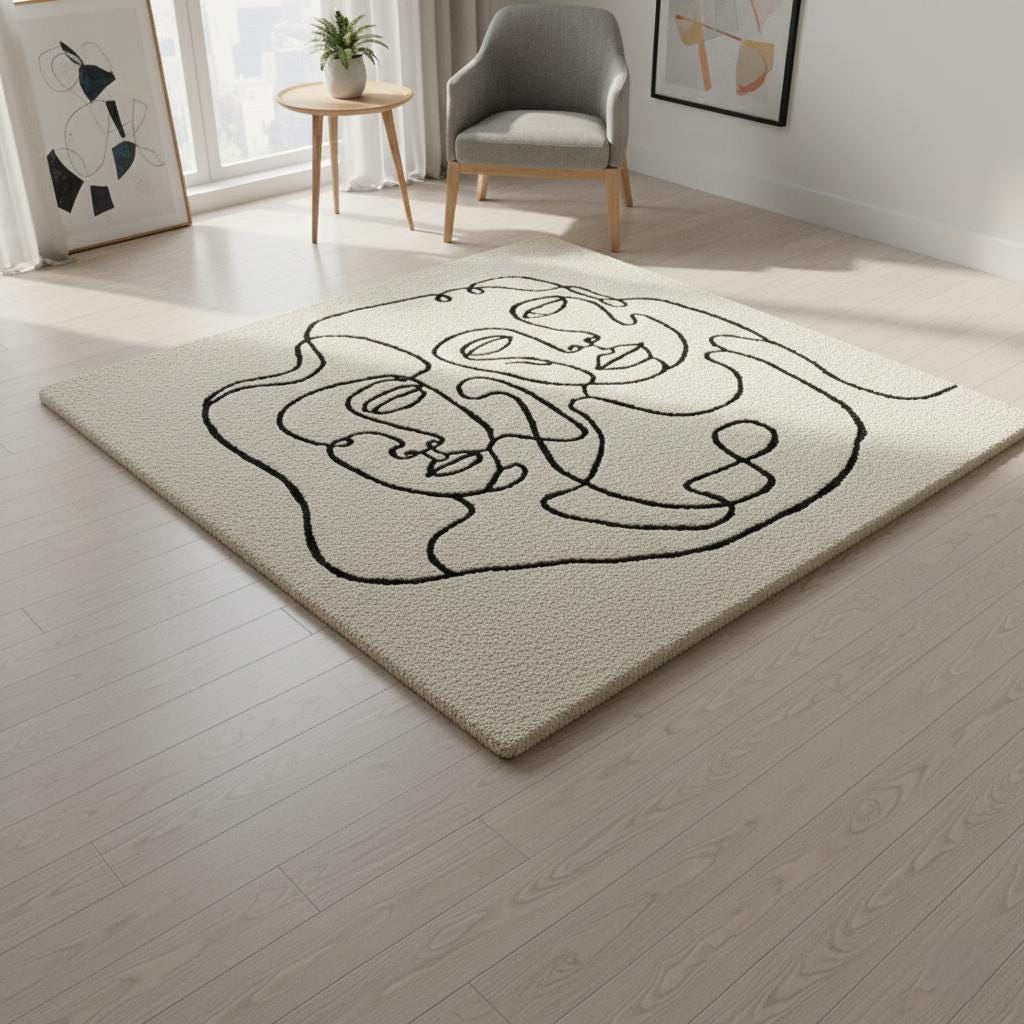 Handmade Wool Tufted Rug – Abstract Face Line Art, Nordic Decor