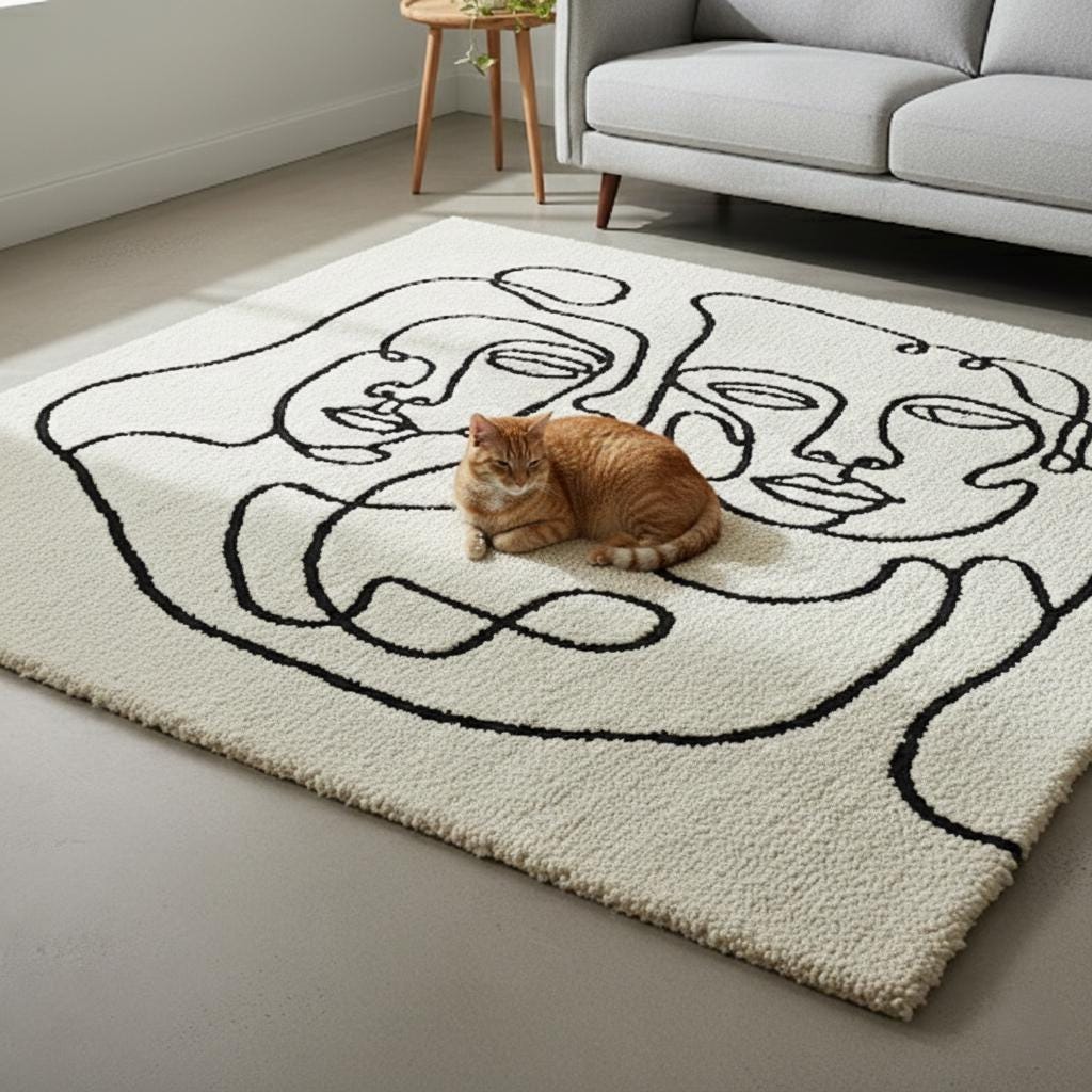 Handmade Wool Tufted Rug – Abstract Face Line Art, Nordic Decor