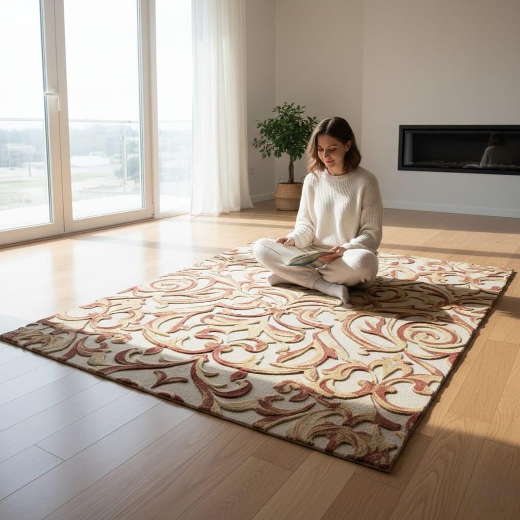 Hand-Tufted Wool Area Rug – Scrolled Damask, Gold & Terracotta