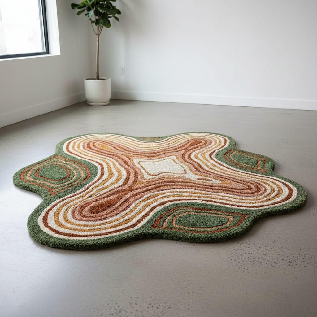 Hand-Tufted Moss Green Wool Rug – Scalloped Topographic Design