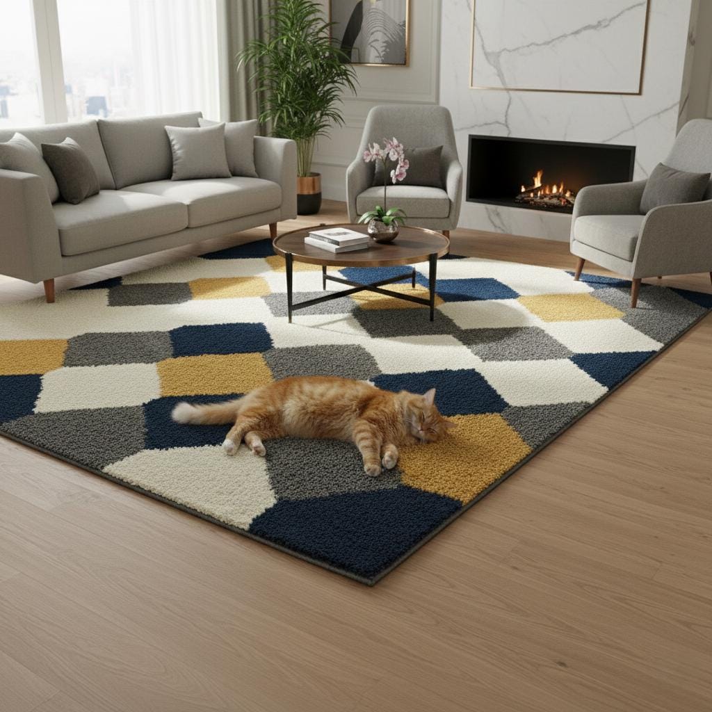 Modern Geometric Area Rug , Handmade Tufted Wool Rug , Navy Grey Mustard Diamond Pattern ,